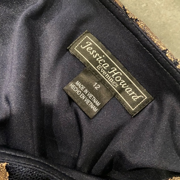 Jessica Howard Evenings Size 12 Long Sleeve Navy Blue Gold Lacy Sheath Dress - Picture 9 of 11